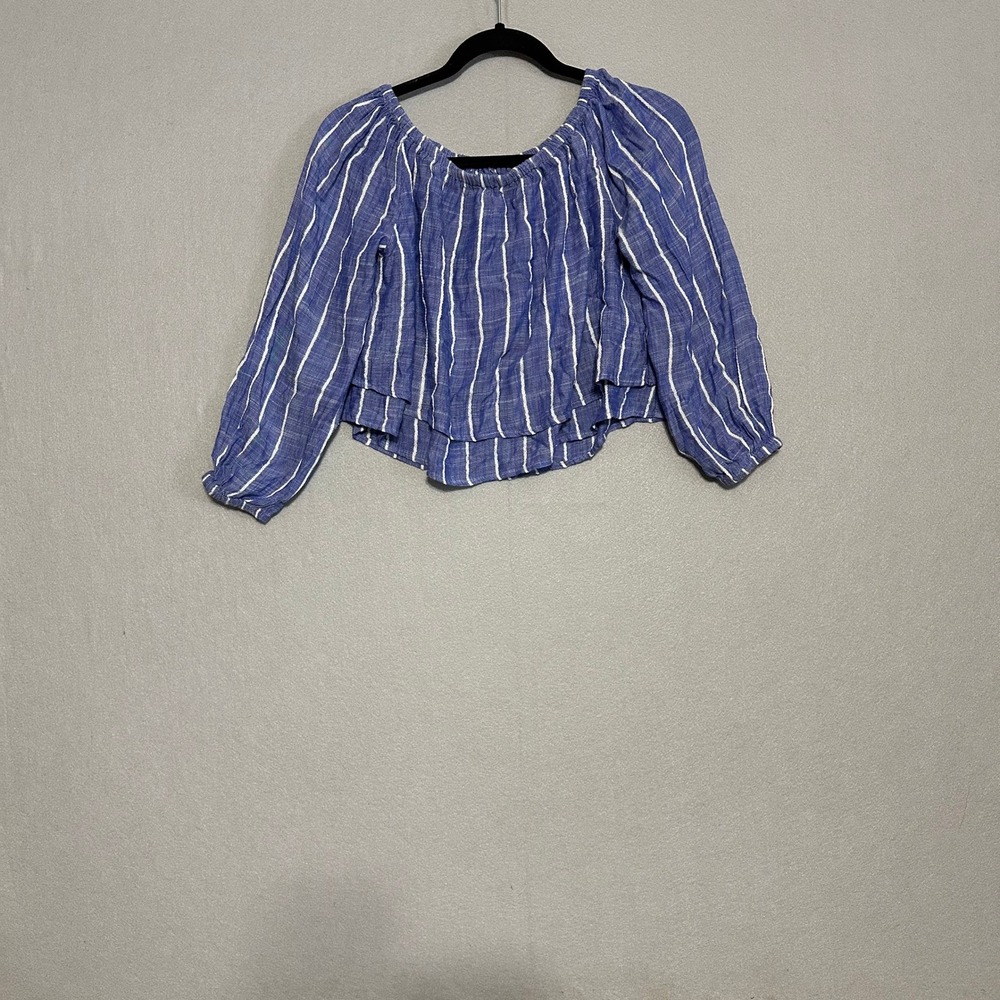 Thread & Supply Rayon Blue White Striped Off The Shoulder Crop Top Medium YH1235